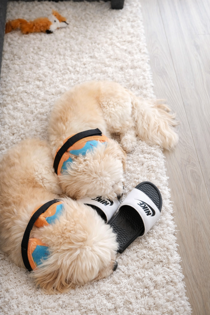 Post-Zoomie Shutdown.

This photo uses top-down perspective to create intimacy and storytelling. The bright sandals act as a visual anchor, contrasting with the soft neutral carpet. The diagonal placement of their bodies adds dynamic balance, while their mirrored positioning creates subtle symmetry.